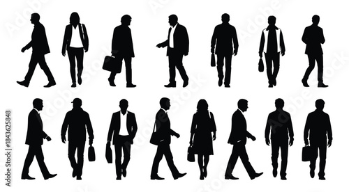Collection of black silhouettes of people walking with briefcases and bags women