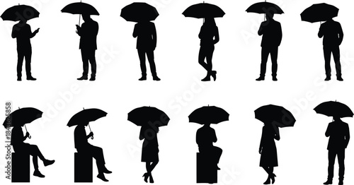 Collection of black silhouettes of people holding umbrellas in various poses rain