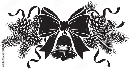 Christmas bell and pine cones on a white background.