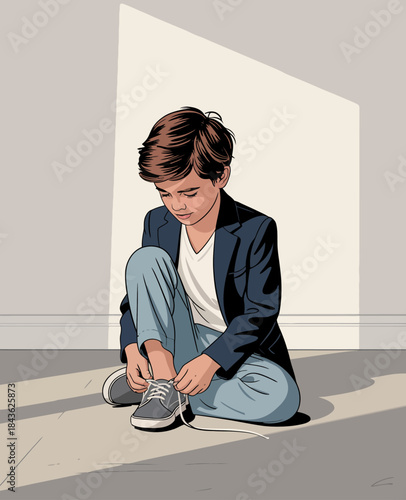 A focused young boy sitting on the floor tying his shoes, illustrating the innocence and simplicity of childhood moments filled with concentration and determination.