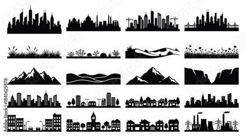 Collection of black silhouette cityscapes suburban neighborhoods mountains and nature scenes