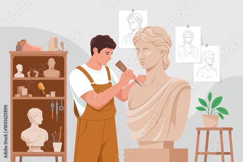 A dedicated artist carefully works on a marble bust in a workshop filled with tools and sketches, showcasing creativity and craftsmanship in the art of sculpture and design.