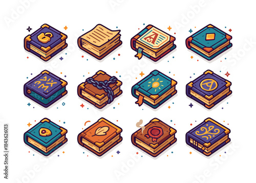 Colorful Tome Icons. Ancient tomes. Colorful isometric vector ic