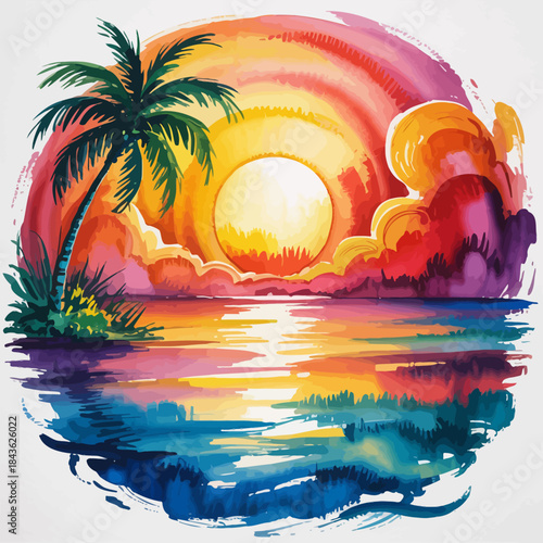 This stunning artwork depicts a vibrant sunset over a calm ocean, framed by a palm tree, evoking feelings of tranquility, relaxation, and the beauty of nature.