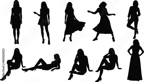 Collection of black female silhouettes in various poses and dresses woman person