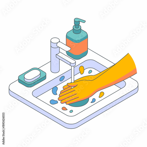 A close-up view of a hand washing at a modern sink, highlighting hygiene and cleanliness, with soap and water, emphasizing the importance of personal health and wellness in daily routines.