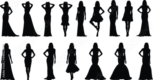 Collection of black female silhouettes in various evening gowns and dresses woman