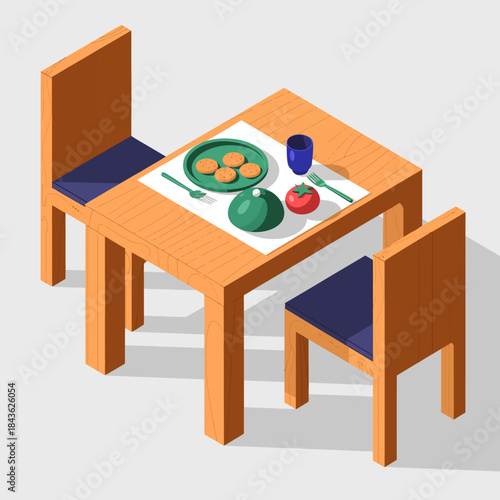 A cozy wooden dining table is set up with a plate of cookies, a green watermelon, fresh tomatoes, and a glass, ideal for a pleasant meal experience with loved ones.
