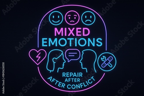 Mixed emotions displayed through neon icons signifying emotional conflict and communication repair after relationship strife emphasizing emotional intelligence and conflict resolution