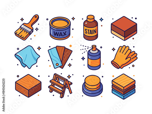 Wood Finishing Icons. Wood Finishing. Colorful isometric vector