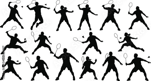 Black silhouettes of male and female badminton players in dynamic action poses sport