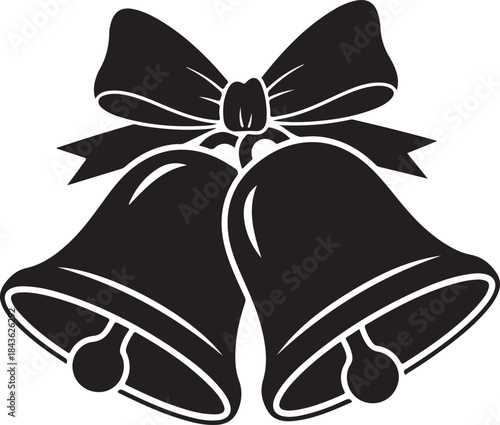 Two black bells with a decorative bow on in a minimalist line style two bells black and white