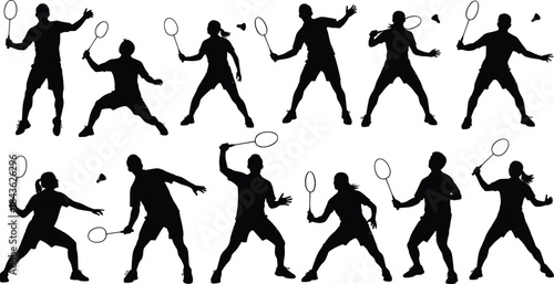 Black silhouettes of male and female badminton players in action on white background