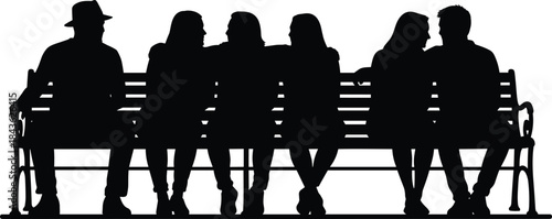 Black silhouette of six people sitting on a park bench vector