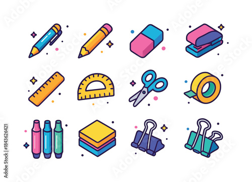 Colorful Stationery Icons. Stationery Supplies. Colorful isometr