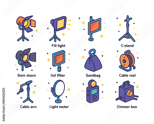 Colorful Lighting Equipment Icons. Location lighting setup. Colo