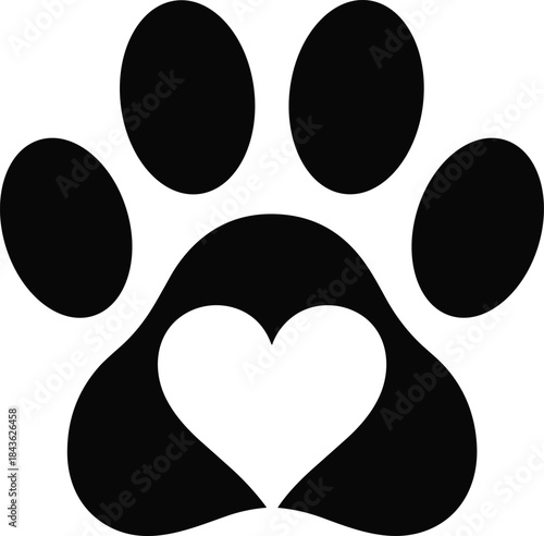 Paw print silhouette, heart symbol, pet care icon, animal rescue, veterinary design, black vector, love pets, compassion graphic, stylized pad, animal welfare