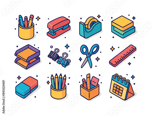 Colorful Desk Icons. Desk accessories. Colorful isometric vector