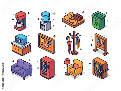Colorful Office Icons. Office amenities. Colorful isometric vect