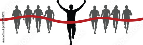 Black silhouette of a runner crossing a red finish line with arms raised in victory