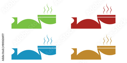 Steaming teapot and cup silhouette design, colorful icons for hot beverages and kitchen items