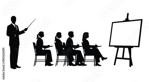 Black silhouette of a man in a suit teaching a group of people sitting in chairs with a whiteboard
