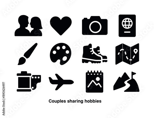 Couples' Hobby Icons. Couples sharing hobbies. Solid icon set of