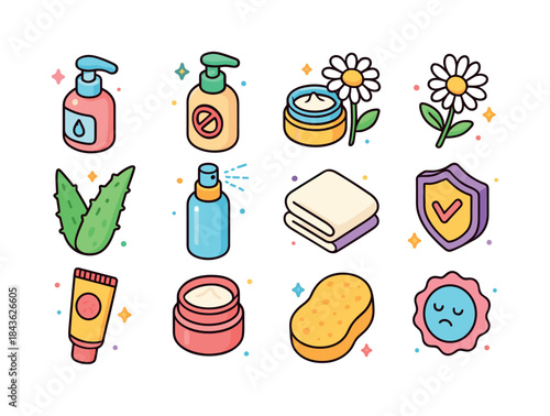 Sensitive Skincare Icons. Sensitive skin care. Colorful isometri