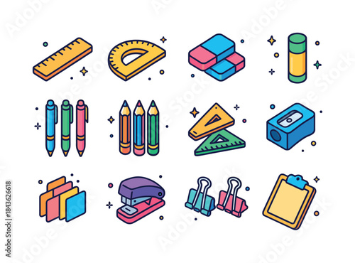 Colorful School Supplies Icons. School supplies. Colorful isomet