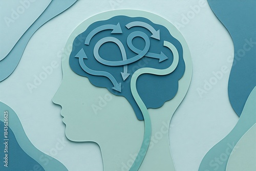 Conceptual representation of cognitive flexibility, mental pathways, and creative thought processes visualized through layered paper art in calming blue tones conveying innovation and emotional