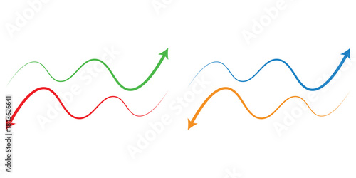 Wavy up and down fluctuation arrows, colorful graph lines for business and market volatility