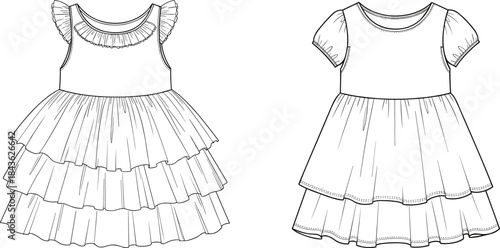Black and white fashion flat sketches of two children's dresses with ruffles and tiered skirts