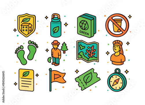 Eco-Friendly Travel Icons. Sustainable tourism. Colorful isometr