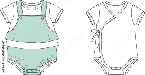 Baby romper with ruffled shorts and bodysuit fashion flat sketch with mint green accents