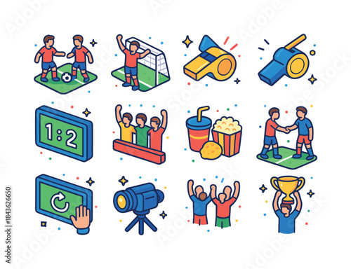 Vibrant Match Icons. Live match moments. Colorful isometric vect
