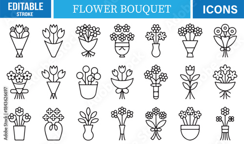 Flower bouquet icon set in editable stroke style for botanical design