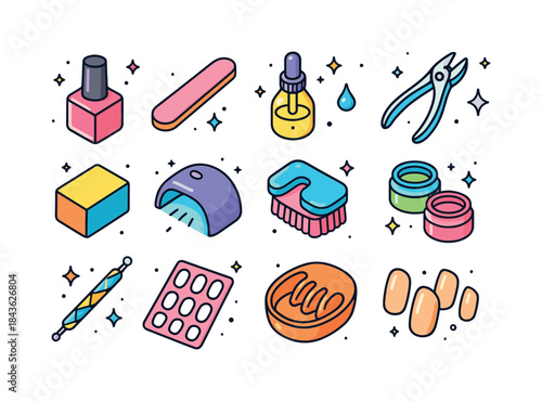 Colorful Nail Care Icons. Nail care. Colorful isometric vector i
