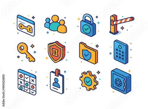 Colorful Access Control Icons. Access control. Colorful isometri