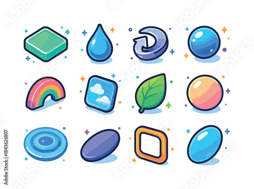 Frutiger Aero Icons. Frutiger Aero Elements. Colorful isometric