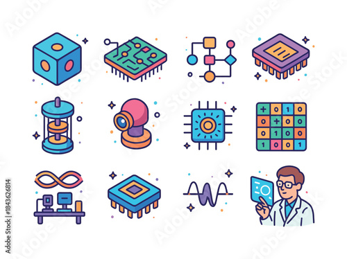 Vibrant Quantum Icons. Quantum computing. Colorful isometric vec