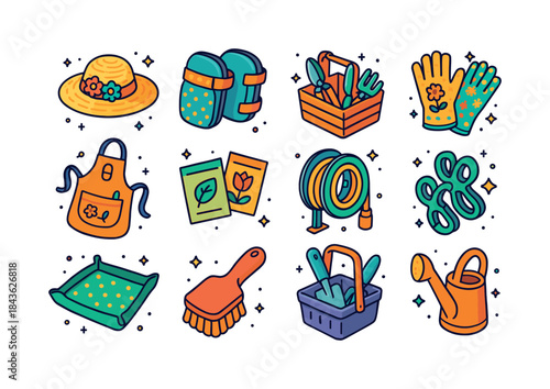 Colorful Gardening Icons. Gardening accessories. Colorful isomet