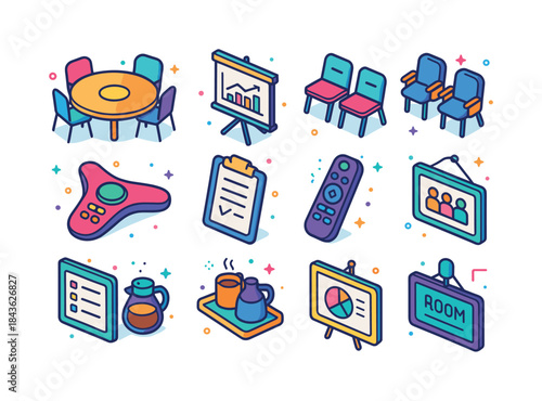 Colorful Meeting Icons. Meeting areas. Colorful isometric vector