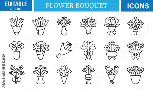 Outline flower arrangement icons with wrapped bouquets and blossoms