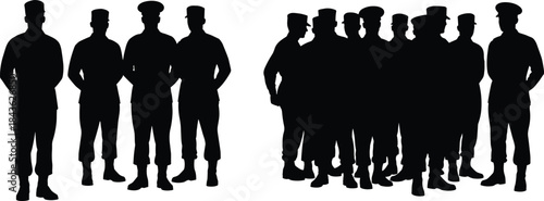 Black silhouettes of a group of men in military uniforms standing vector