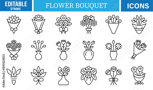 Minimal linear floral bouquet icon set for wedding and celebration design