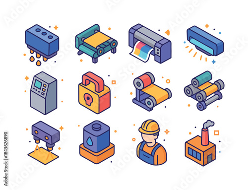 Industrial Printing Icons. Industrial Printing. Colorful isometr