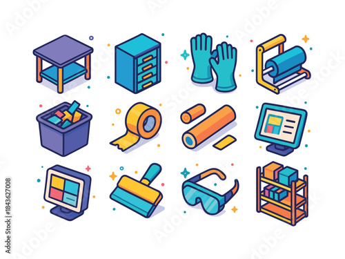 Print Shop Icons. Print Shop Essentials. Colorful isometric vect