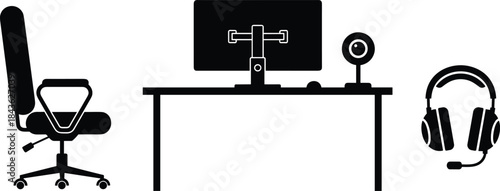 Remote work setup, modern workstation silhouette, office chair, computer monitor, webcam, headset, gaming gear, productivity tools, virtual communication, tech essentials