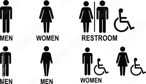 Restroom signage icons, gender symbols, accessibility signs, male female figures, wheelchair icon, public restroom, inclusive design, vector illustration, black silhouette, facility marker