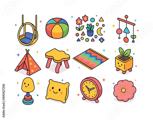 Colorful Isometric Interiors. Interior playfulness. Colorful iso